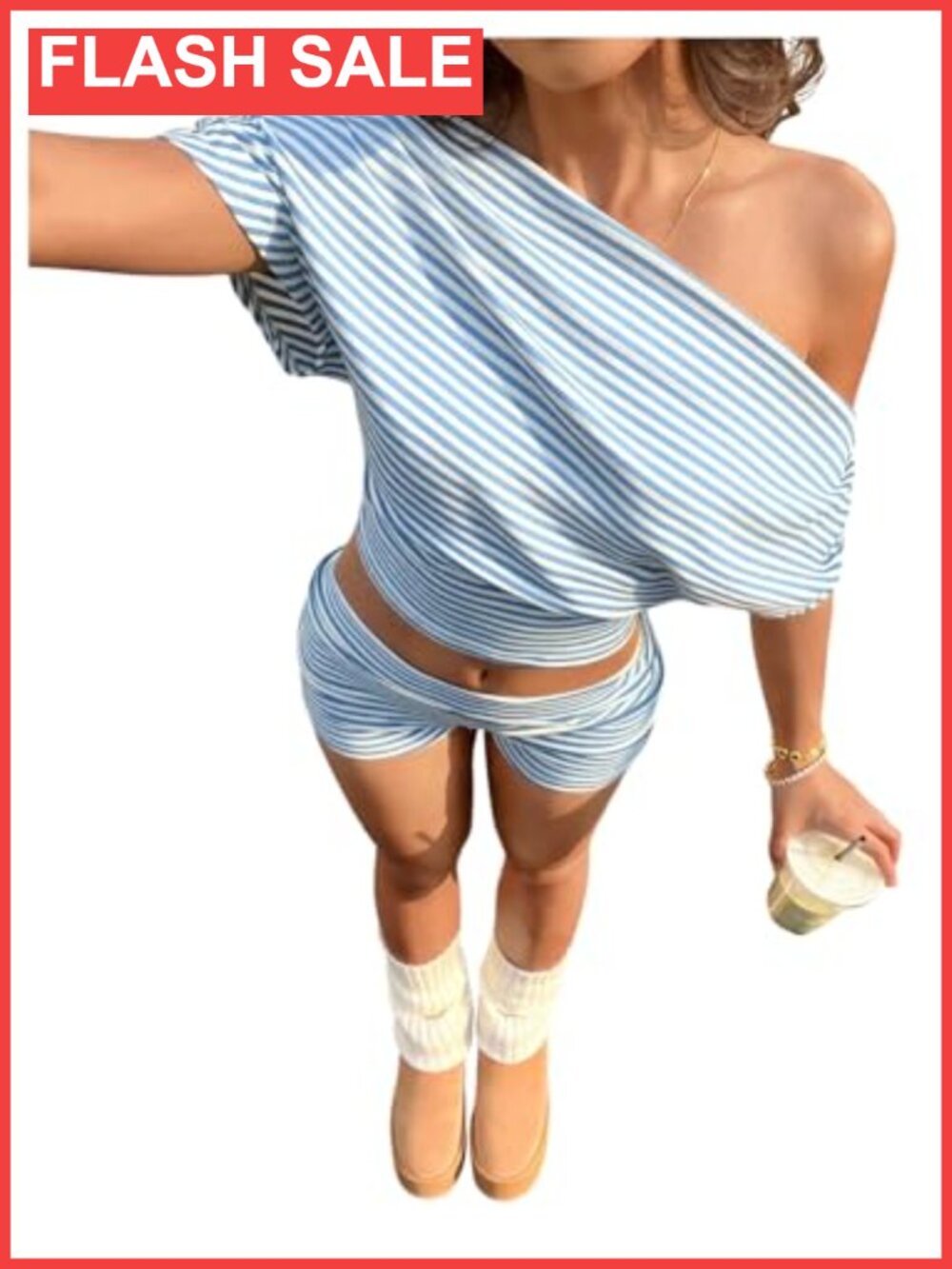 2 Piece Striped Off Shoulder Asymmetrical Top Skinny Shorts Matching Set